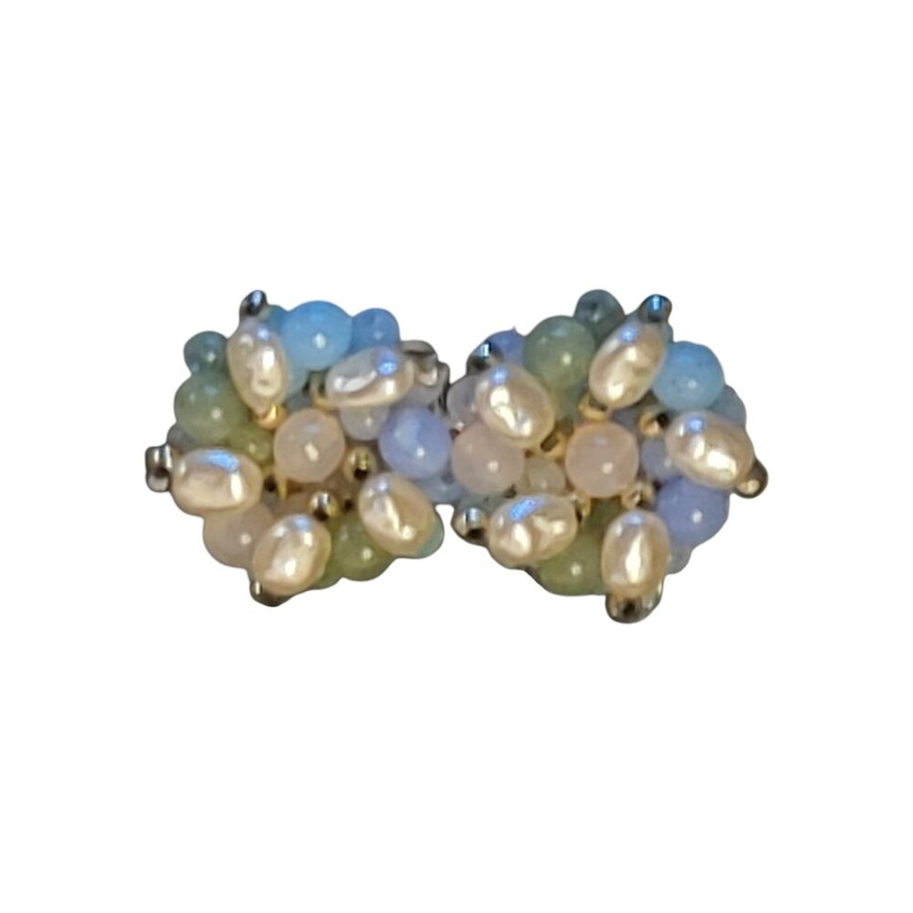 Vintage Large Stud Earring Faux Baroque Pearl Pastel Bead Cluster Flower 60s/70s